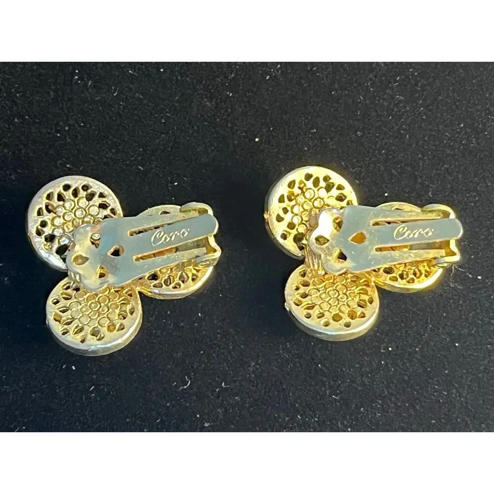 VTG Coro Clip On Earrings Gold Tone Rhinestones Three Circles Signed